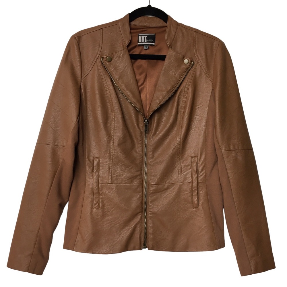 KUT From The Kloth Aniya Full Zip Faux Leather Moto Jacket Camel Size Medium